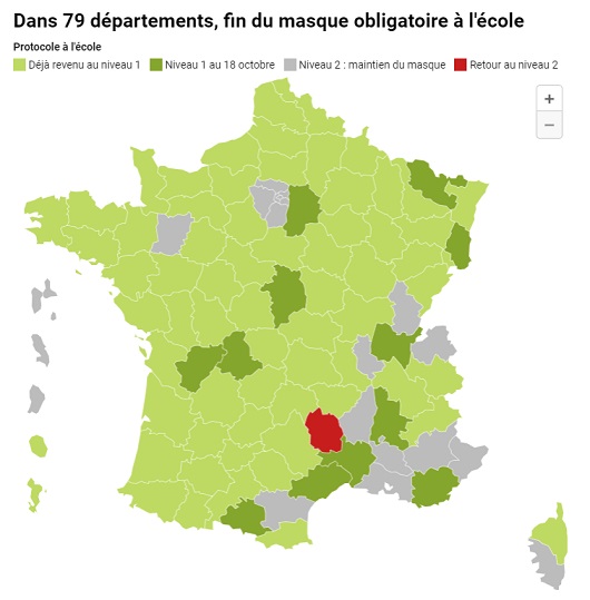 À partir de lundi 18 octobre, le masque ne sera plus obligatoire pour douze nouveaux départements. Ces territoires s’ajoutent aux 68 autres déjà concernés depuis le début de la semaine. La levée de ces restrictions est prononcée dès lors que le virus se maintient sous le seuil du taux d’incidence de 50 cas quotidiens par jour pour 100 000 habitants