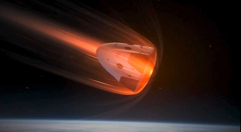ILLUSTRATION DE LA CAPSULE DRAGON LORS DE LA RENTRÉE ATMOSPHÉRIQUE. © SPACEX