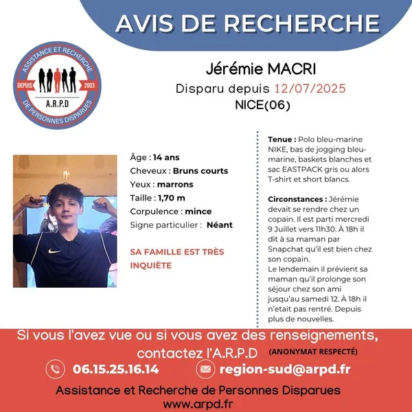 disparition adolescent Jérémie Antibes