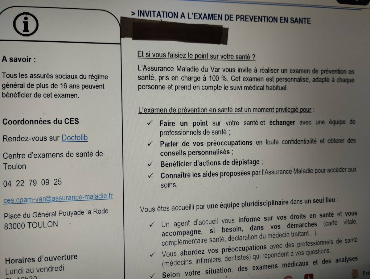 courrier proposant un bilan de santé